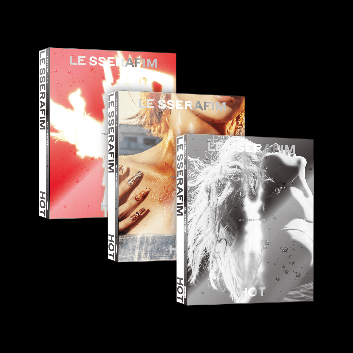 LE SSERAFIM – HOT (5th Mini Album) – Vol.1 DRENCHED VETIVER Ver. / Vol.2 TANNED GUAIAC Ver. / Vol.3 BLEACHED AURA Ver.